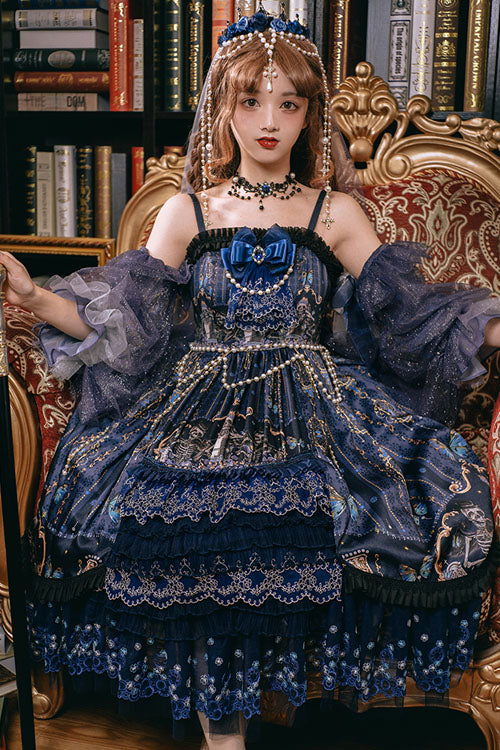 Blue Skull Print Hanayome Bowknot Pearl Chain Multi-Layer Ruffled Gothic Lolita JSK Tiered Dress