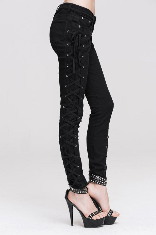 Black Lace Up Punk Classic Stretchy Womens Pants
