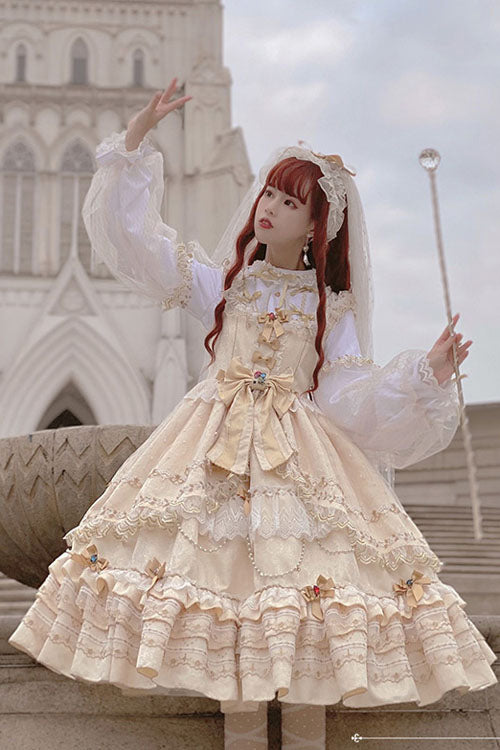 Gold Hanayome Bowknot Princess Multi-Layer Ruffled Sweet Lolita JSK Dress