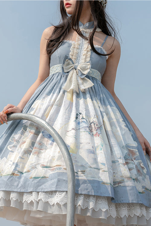 Blue Chinese Mythology Print High Waist Lace Trim Sweet Lolita JSK Dress