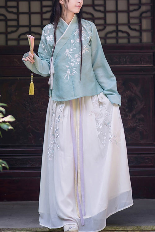 Green Chinese Ancient Style Han Dynasty Plum Embroidery Sweet Hanfu Dress Two Piece