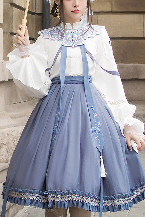 White/Blue Chinese Style Hollow Long Sleeve Classic Lolita Dress Full Set