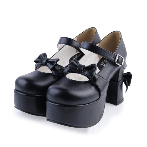 Black Round Toe Strap Bow Platform Classic Lolita Shoes