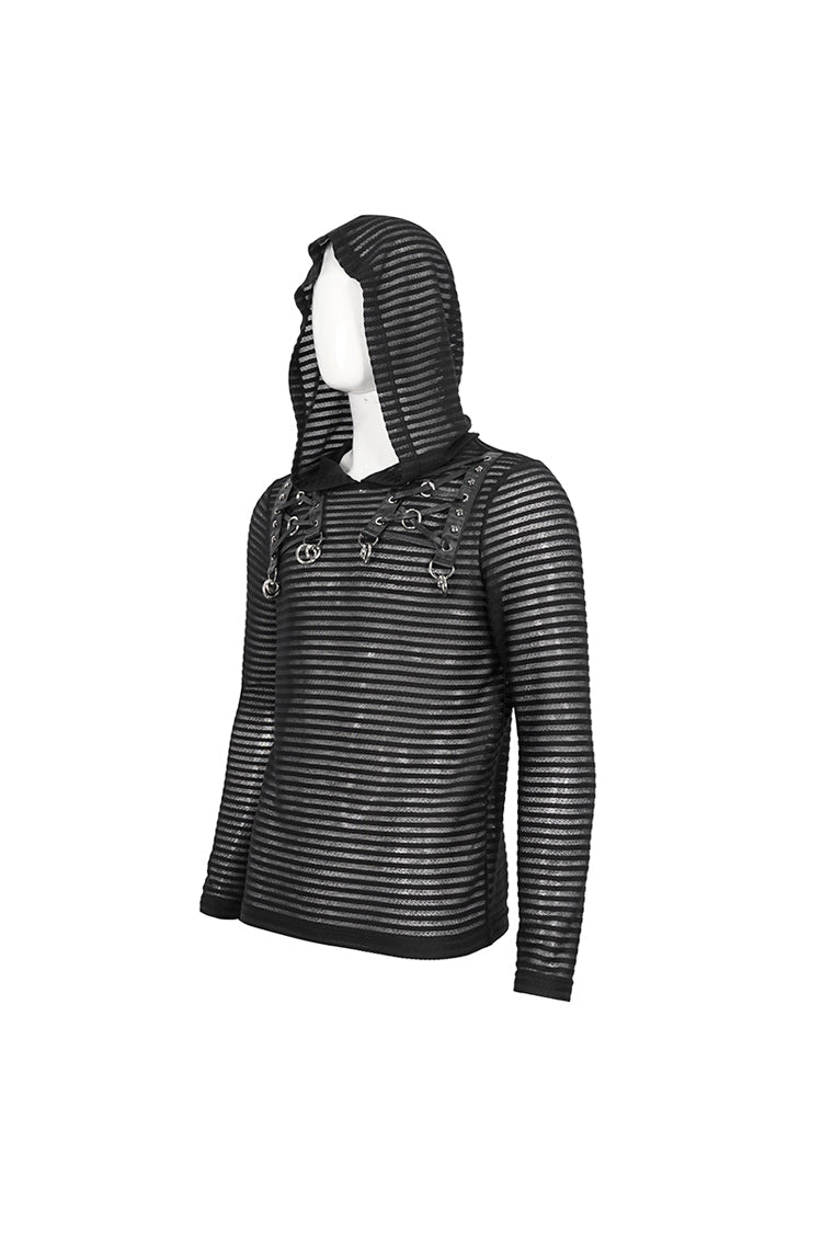 Black Striped Sheer Long Sleeve Men's Punk Sweatshirt Hooded