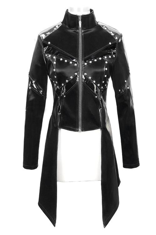 Black Rivet Bright Leather Zipper Long Womens Punk Coat