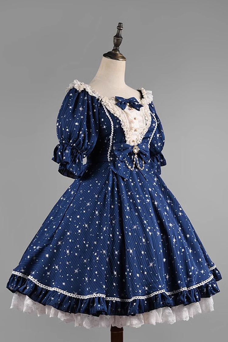 Midsummer Galaxy Shiny Star Print Short Sleeves Ruffle Bowknot Sweet Lolita OP Dress