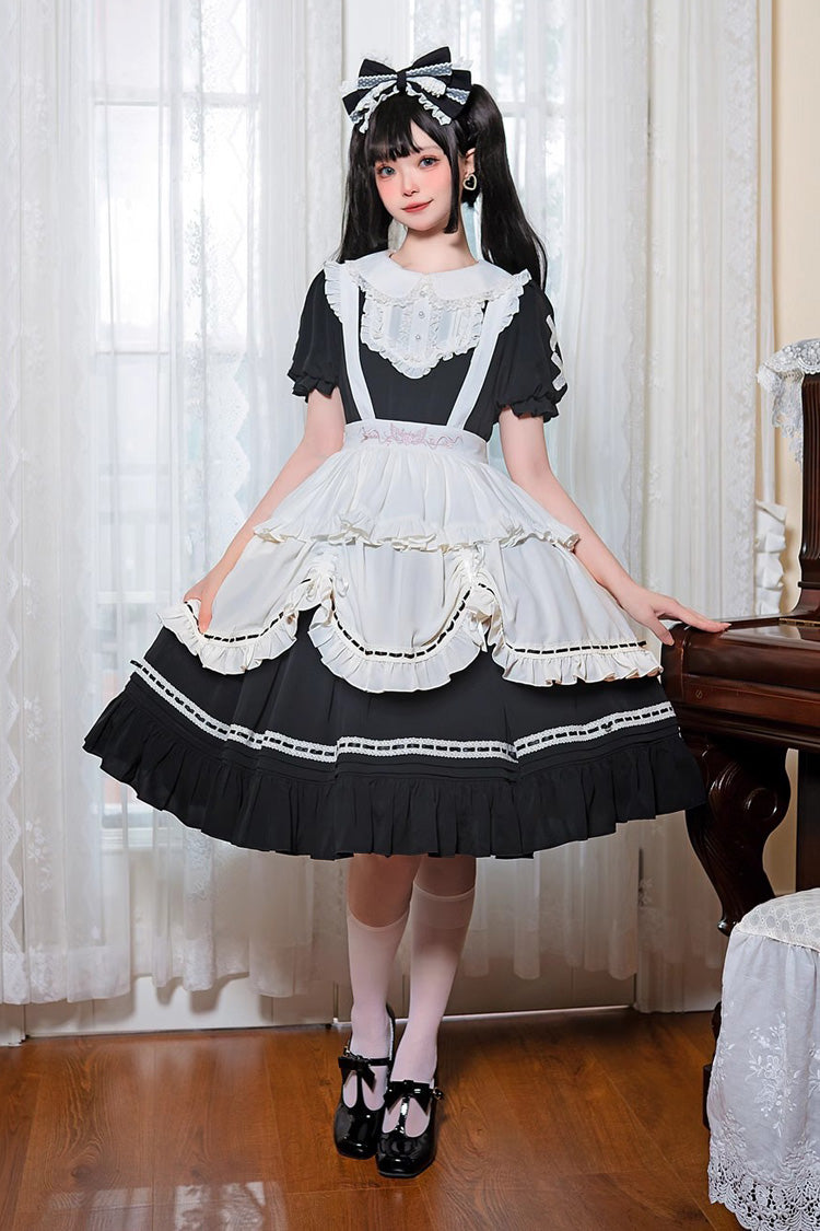 Black Lapel Collar Short Sleeves Ruffle Bowknot Maid Gothic Lolita Dress