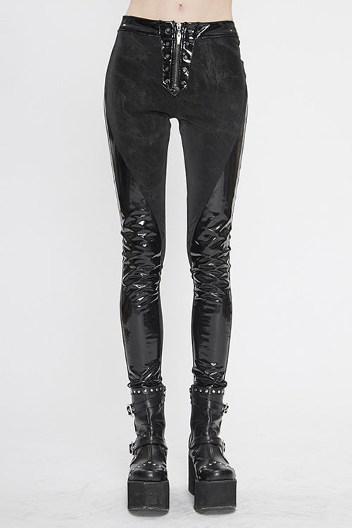 Black Fringe Patent Leather Spliced Punk Leggings Womens Pants