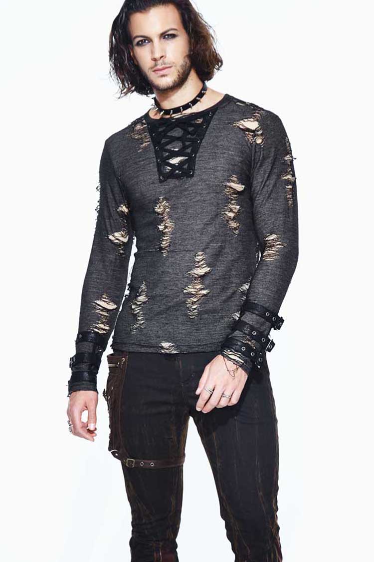 Black Long Sleeves Broken Holes Chest Lace Up Loop Cuff Men's Punk Shirt