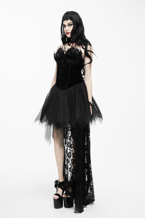 Black Gothic Wedding Strapless Feathered Sexy Velveteen Womens Dress With Rose Lace Tail