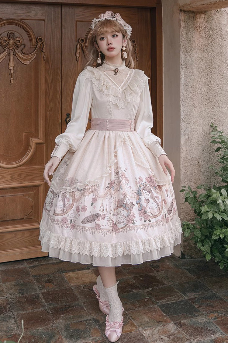 Apricot Rose Prologue Print Long Sleeves Ruffle Sweet Elegant Lolita Dress