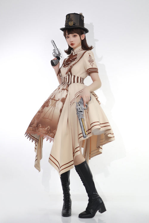 Beige British Style Short Sleeves Libra Print Cardigan Sweet Lolita Dress