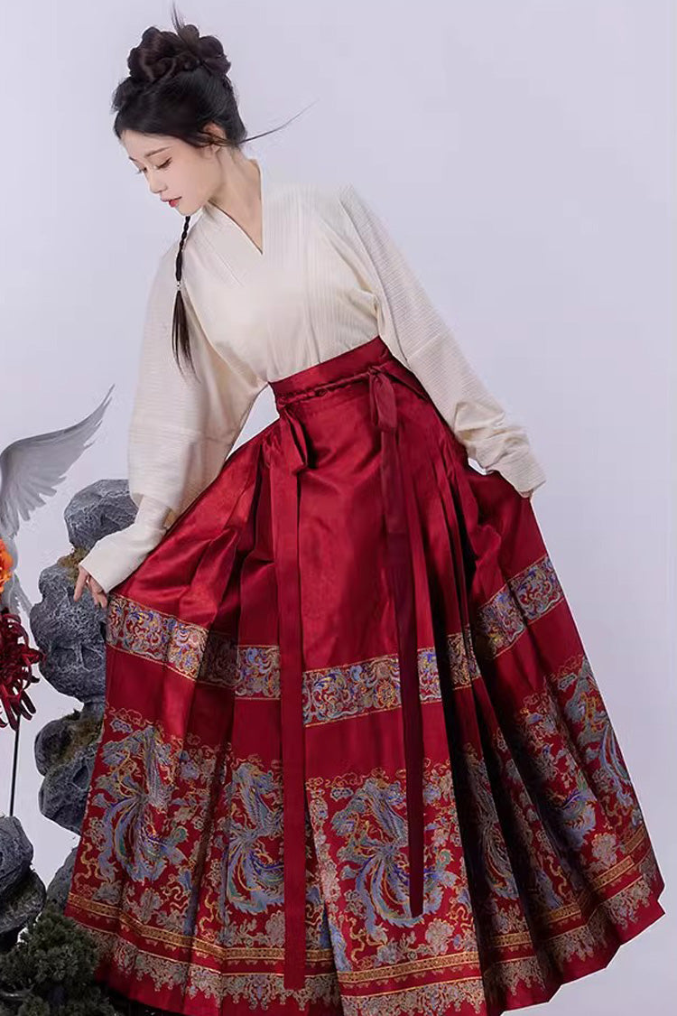 赤い中国風プリントハイウエストレディース漢服スカート