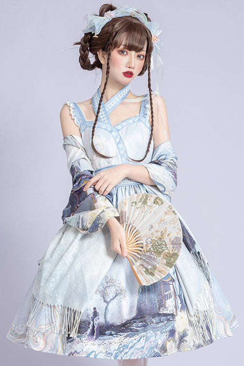 Light Blue Vintage Landscape Garden Chinese Style Print High Waisted Ruffled Classic Lolita JSK Dress