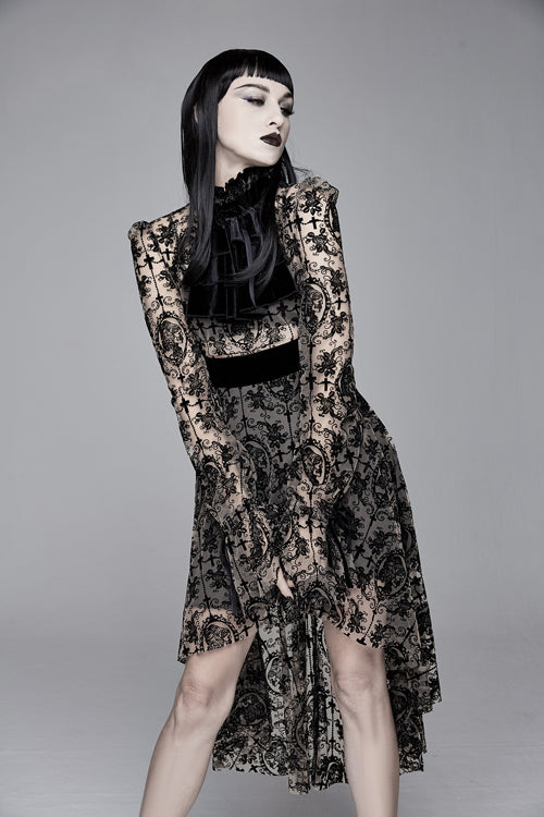 Apricot See Through Printed Long Sleeves Velvet Belted Womens Gothic Dress With Tie