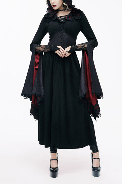 Gothic Black Pointed Hat Velveteen Floral Tunic Womens Coats