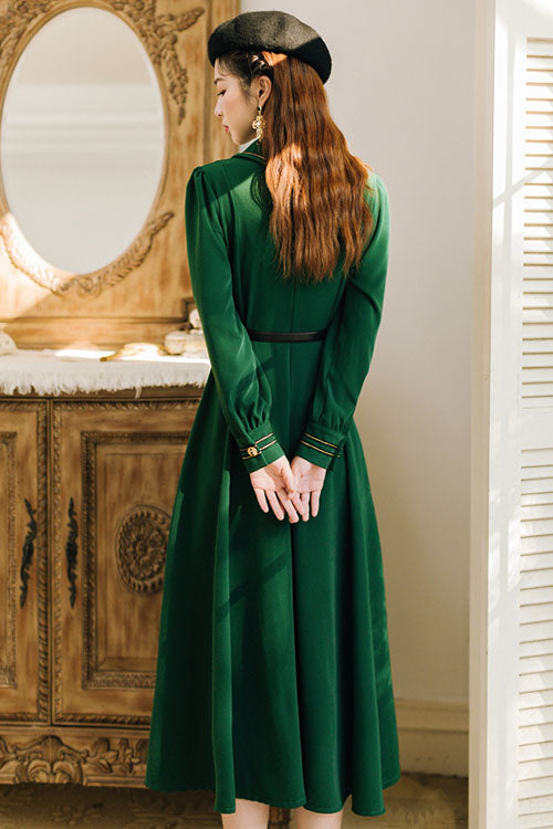 Solid Color Navy Style Vintage Lapel Collar High Waisted Long Sleeves Classic Lolita Dress