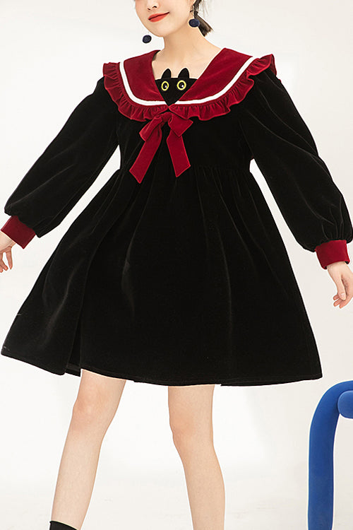 Black Velvet Cat Eye Neck Long Sleeves High Waisted Sweet Lolita OP Dress