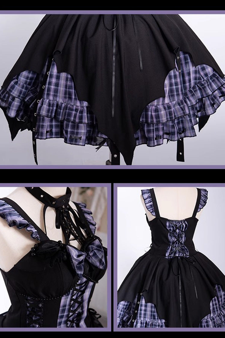 Rock Radio Wave Irregular Subculture Grid Print Bowknot Stitching Gothic Lolita Dress 3 Colors