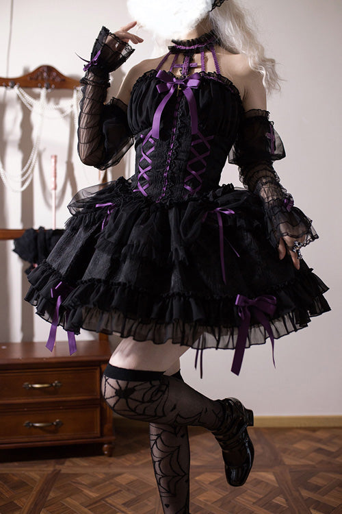 Black Purple Tube Top Sleeveless Blowknot Ruffled Gothic Lolita Tiered Dress