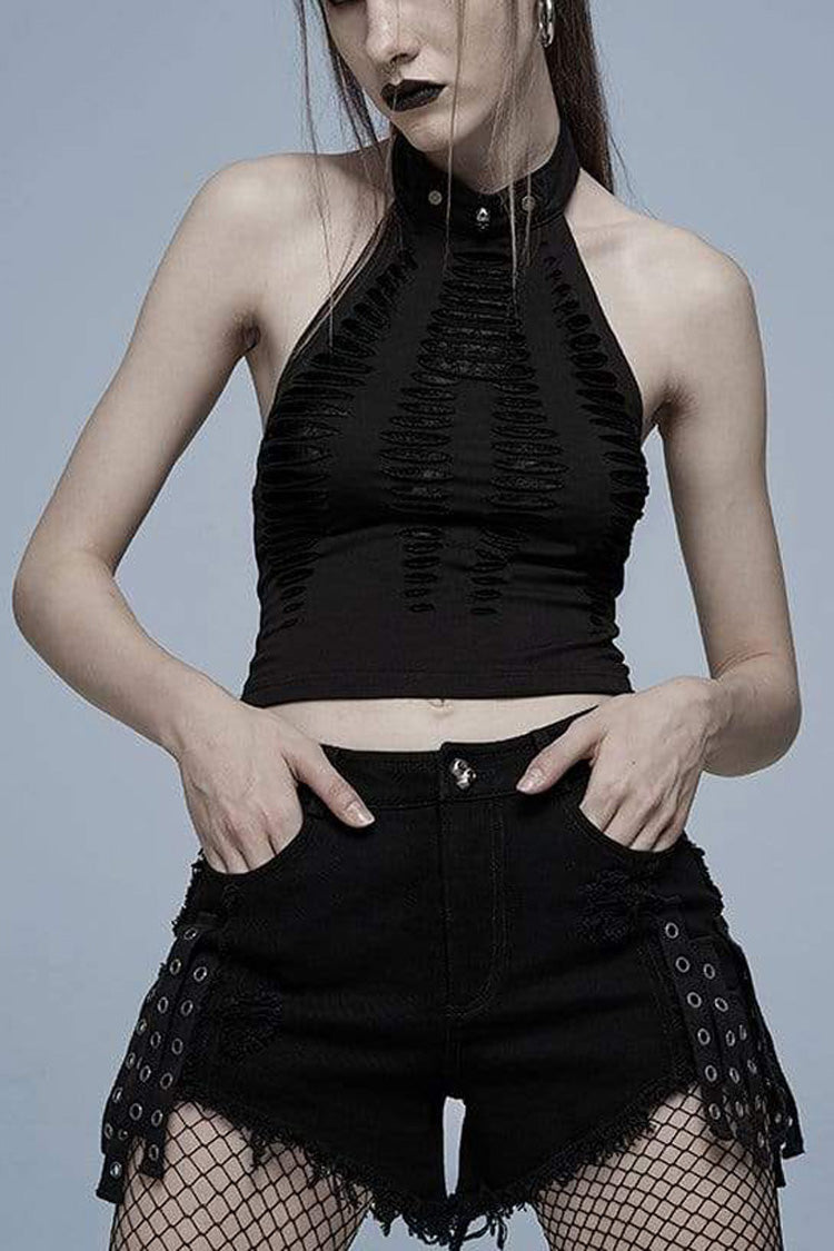 Stretch-Strickstoff, ausgehöhlter Spinnendruck, verstellbare Gothic-Neckholder-Weste für Damen