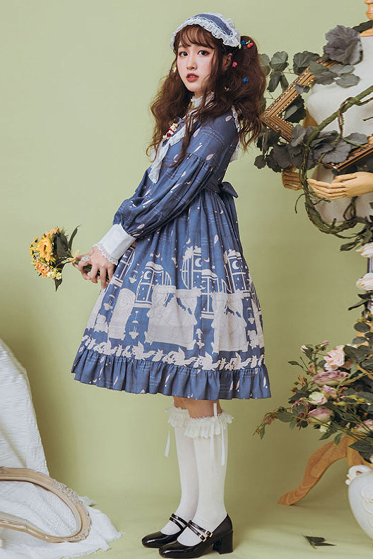 Dark Blue Classical Alarm Clock Print Long Sleeve Bowknot Sweet Lolita Op Dress