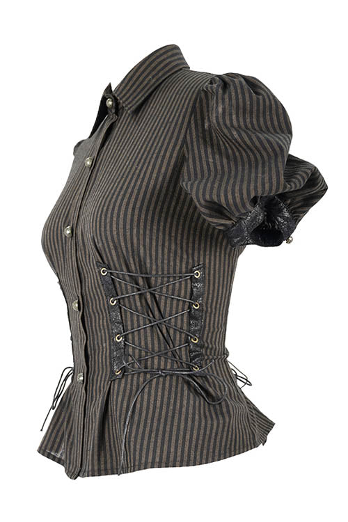 Braune Bubble Kurzarm Gestreifte Schlanke Punk Bluse für Damen