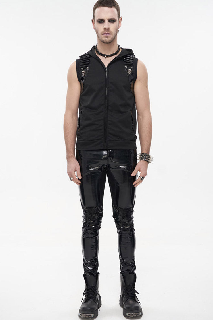 Black Punk Metal Skull Patent Leather Bullet Clip Textured Zip Hooded Sleeveless Men's T-Shirt