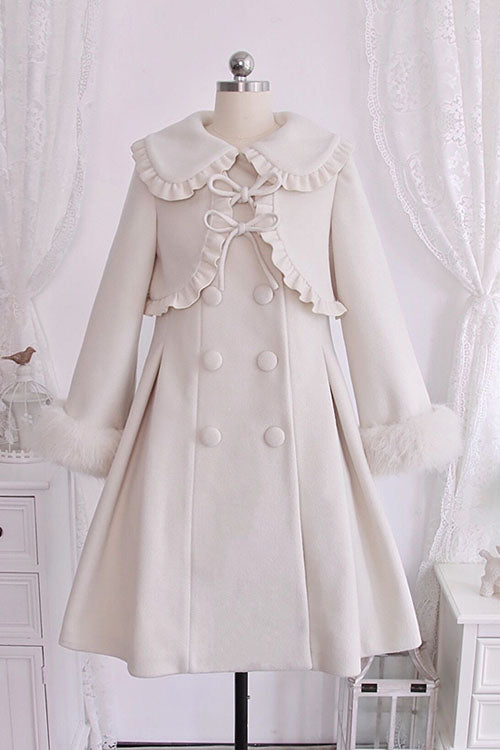 Ivory Double Breasted Bowknot Plush Long Sleeves Fake Two-Piece Woolen Lolita Coat
