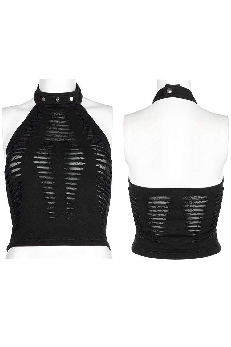 Stretch-Strickstoff, ausgehöhlter Spinnendruck, verstellbare Gothic-Neckholder-Weste für Damen