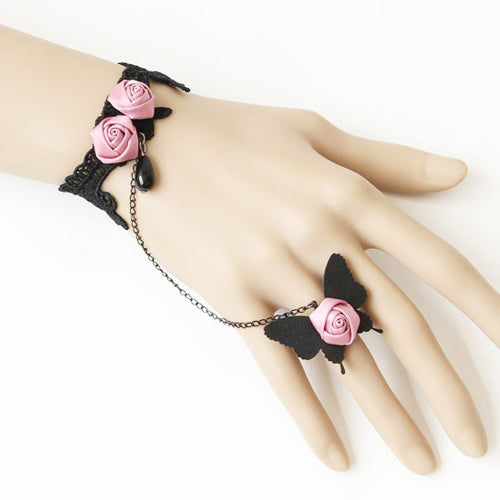 Retro Fashion Palace Black Leather Lace Pearl Pink Rose Creative Female Lolita Ring Bracelet