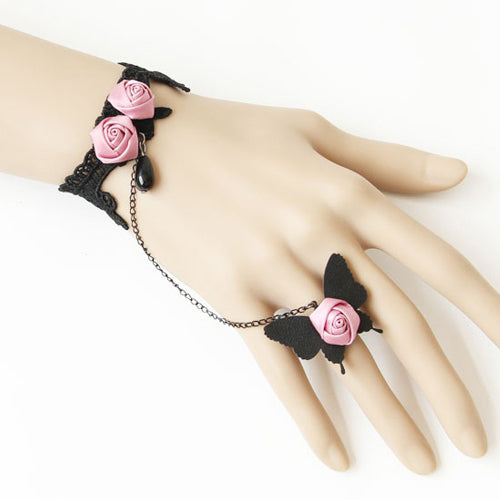 Retro Fashion Palace Schwarz Leder Spitze Perle Rosa Rose Kreative Weibliche Lolita Ring Armband