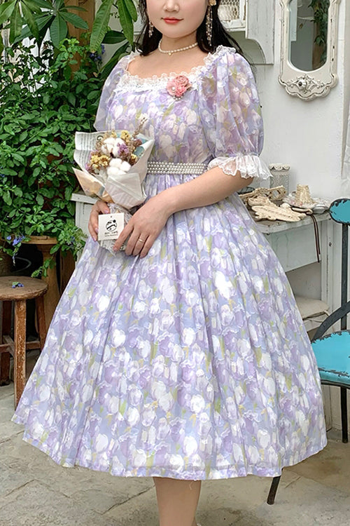 Boat Neck Ruffled Short Sleeves Plus Size Tulips Floral Print High Waisted Sweet Lolita OP Dress