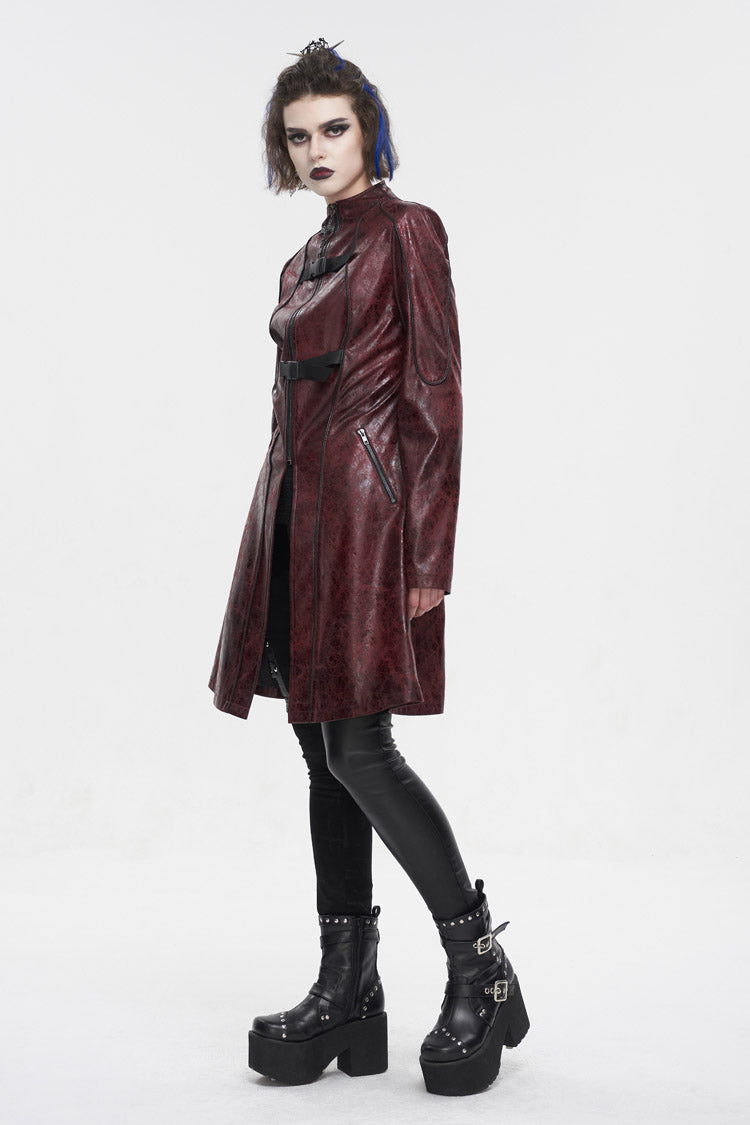 Red Double Buckle Faux Leather Long Women's Punk Coat