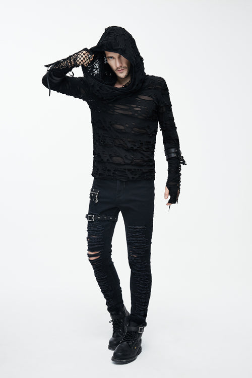 Black Ripped Finger Covered Autumn Hooded Mens Punk T-Shirt