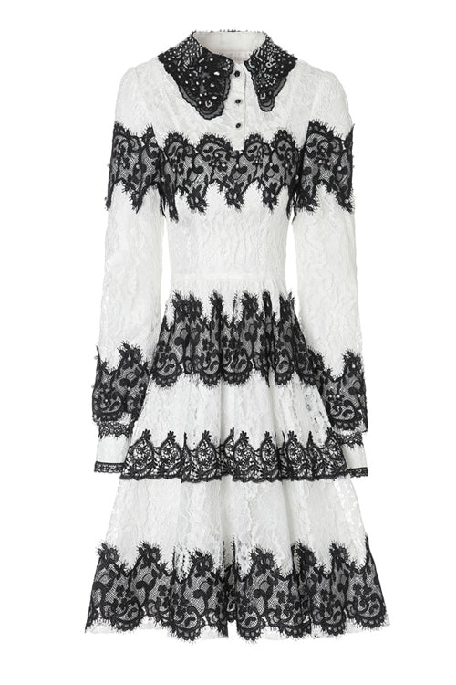 Black/White Lace Pearl Embroidered Doll Collar Long Sleeves High Waisted Sweet Lolita OP Dress