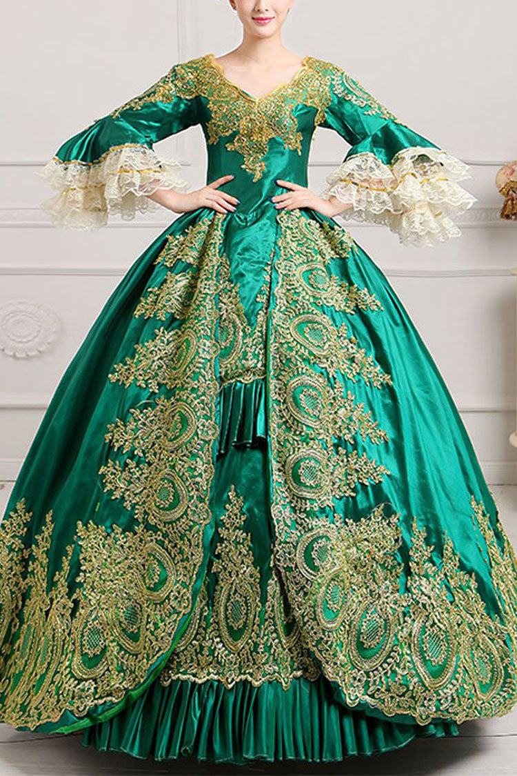 Multi-Layer Half Sleeves Trumpet Sleeves High Waisted Hollow Embroidery Floral Print Ruffled Victorian Lolita Prom Dress