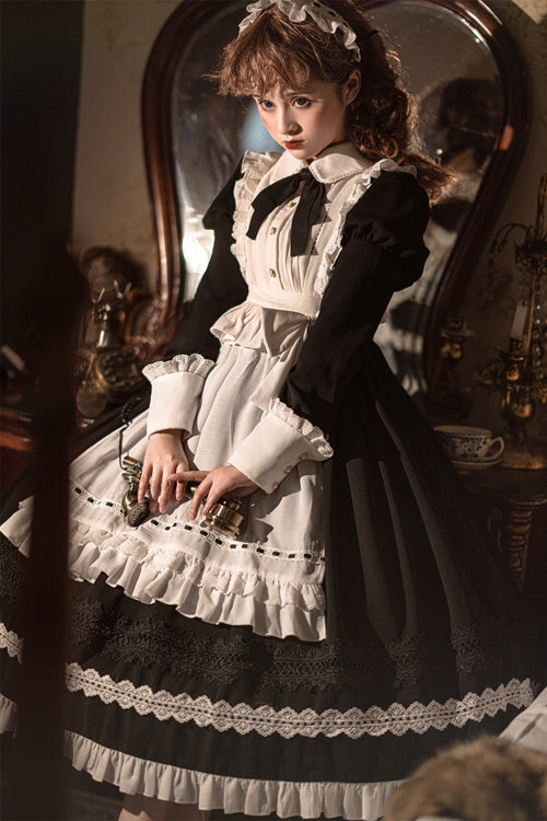 Black Lapel Collar Bowknot Long Sleeves Ruffled Sweet Lolita Maid OP Dress (Apron is included)