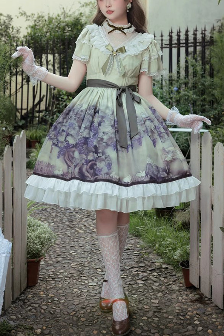 Multi-Color Short Sleeves Vineyard Print Ruffle Bowknot Sweet Princess Lolita Dress