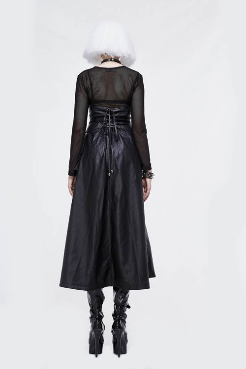 Black Chain Shaped Ribbons Zipper Up Leather Big Swing Punk Womens Half Skirt