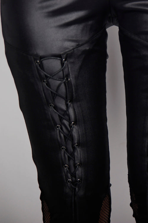 Black Punk Hollow Out Leather Loops Lace Up Leggings Womens Pants