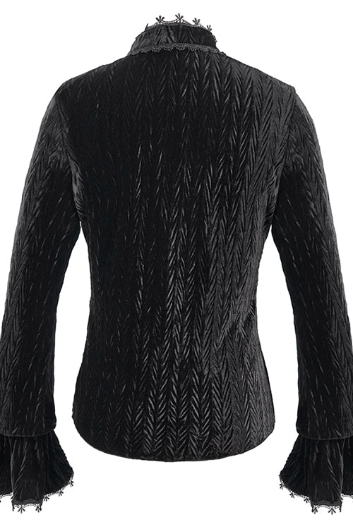 Schwarze plissierte Gothic-Bluse aus Samt mit Trompetenärmeln für Damen