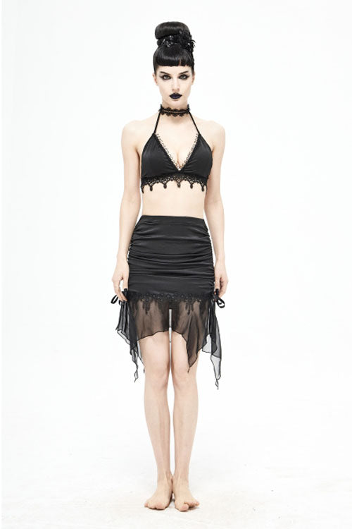 Black Translucent Chiffon Lace Hem Side Lace Up Cover Hip Gothic Swimsuit Fishtail Skirt