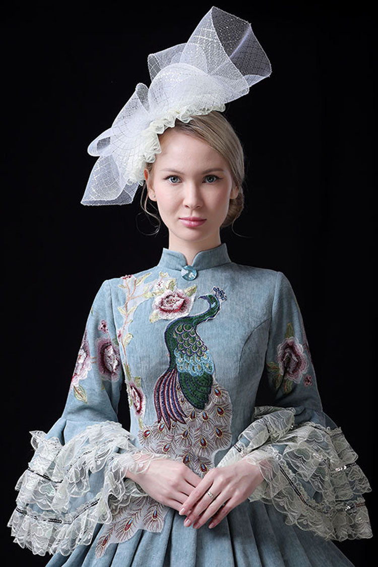 Blue Multi-Layer Trumpet Sleeves High Waisted Peacock Embroidery Print Victorian Lolita Prom Dress