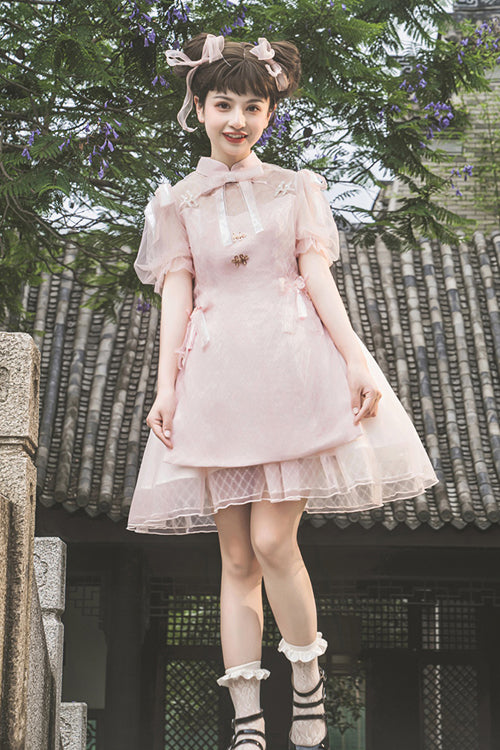 Chinese Style Stand Collar Lace Puff Short Sleeve Delicate Sweet Lolita Dress