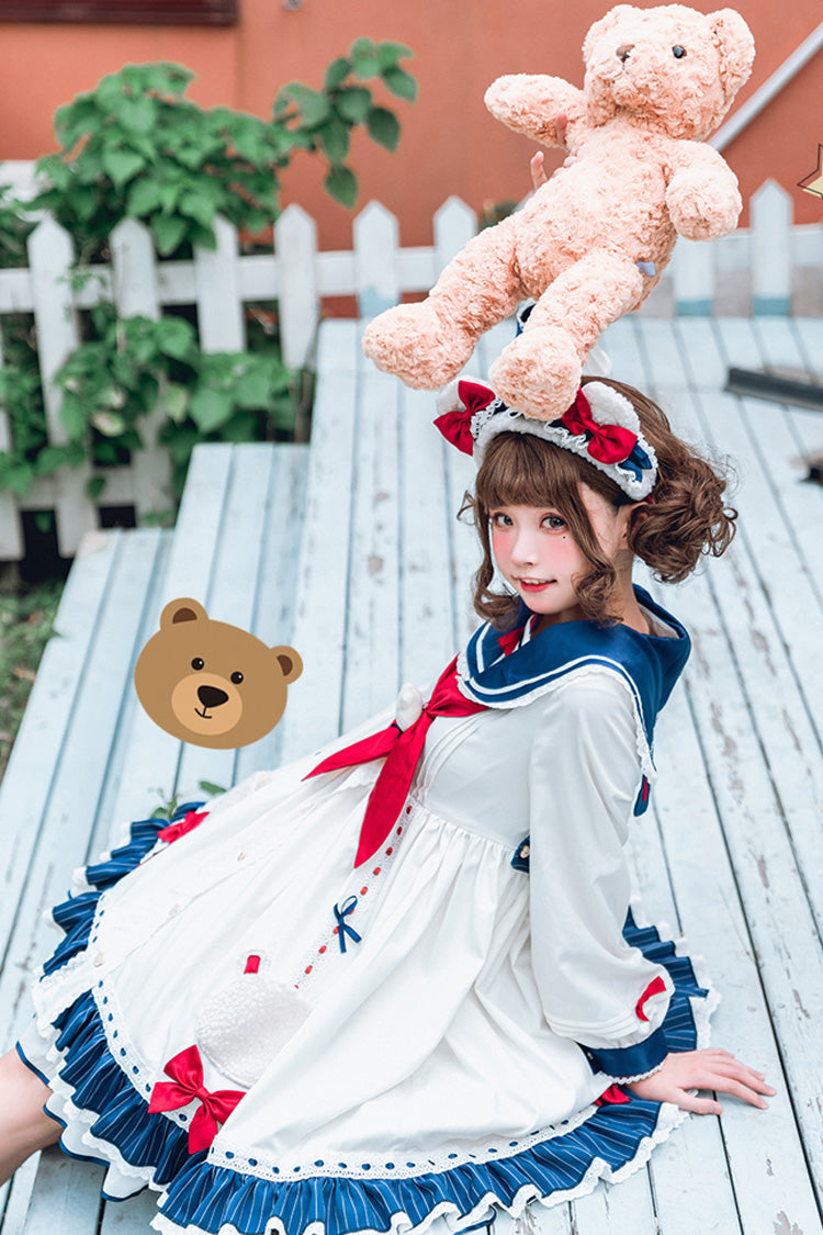 White College Style Navy Collar Chiffon Sea White Bear Print Bowknot Ruffled Sweet Lolita OP Dress