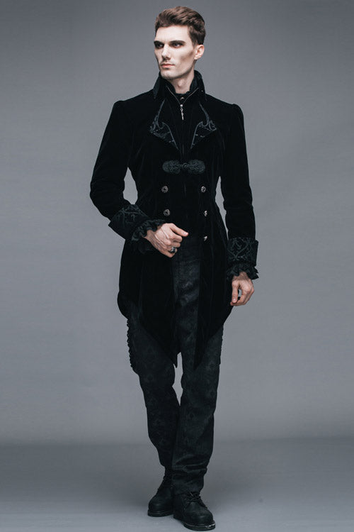 Black Embroidered Collar Long Sleeves Mens Velveteen Tuxedo Gothic Coat