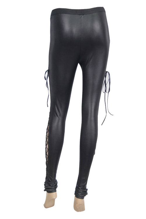 Black Side Hollow Out Lace Up Gothic Positioned Flower Flocking Mesh Legging