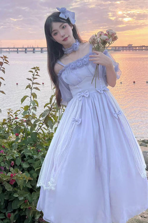 Boat Neck Bubble Short Sleeve Flower Embellished High Waisted Sweet Lolita Dress