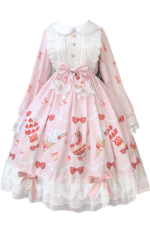 Pink Strawberry Print Doll Collar Long Sleeve Lace Sweet Lolita OP Dress